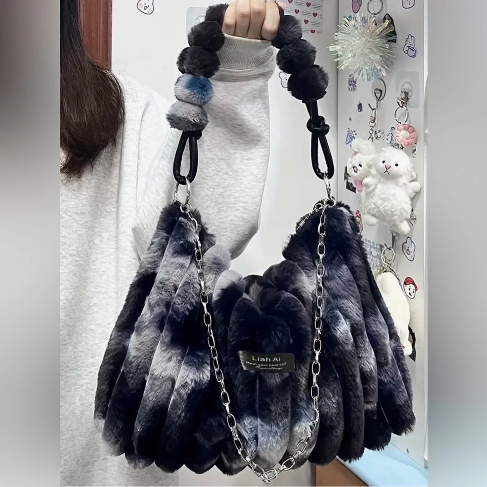 Black Gray Soft Faux Fur Shoulder Bag Purse with PomPom and Chain Straps - Picture 4 of 8